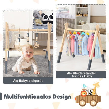 Baby-Holz-Spielbogen mit 3 Hängespielzeugen – Grau