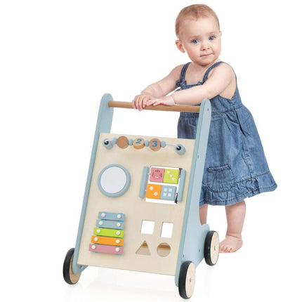 Hölzerner Baby-Lauflernwagen mit Xylophon, Drehblöcken, Blau