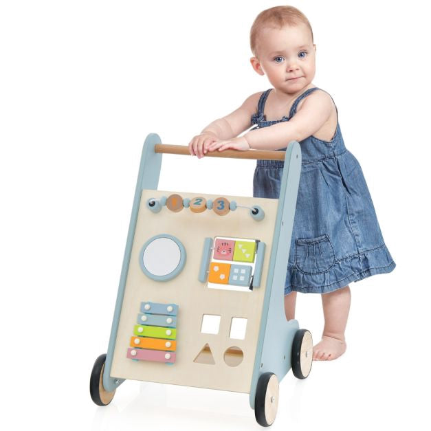 Hölzerner Baby-Lauflernwagen mit Xylophon, Drehblöcken, Blau