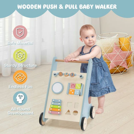 Hölzerner Baby-Lauflernwagen mit Xylophon, Drehblöcken, Blau