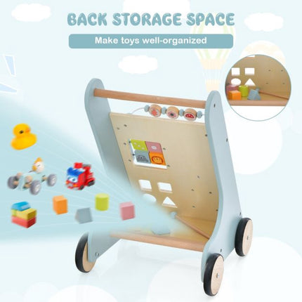Hölzerner Baby-Lauflernwagen mit Xylophon, Drehblöcken, Blau