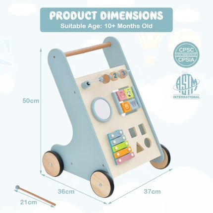 Hölzerner Baby-Lauflernwagen mit Xylophon, Drehblöcken, Blau