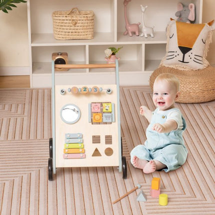 Hölzerner Baby-Lauflernwagen mit Xylophon, Drehblöcken, Blau