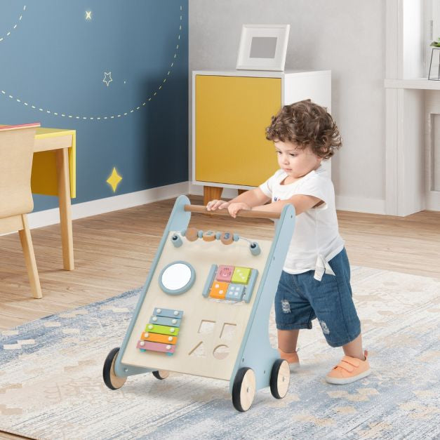 Hölzerner Baby-Lauflernwagen mit Xylophon, Drehblöcken, Blau