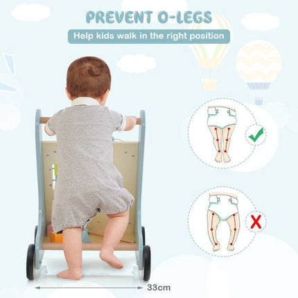 Hölzerner Baby-Lauflernwagen mit Xylophon, Drehblöcken, Blau