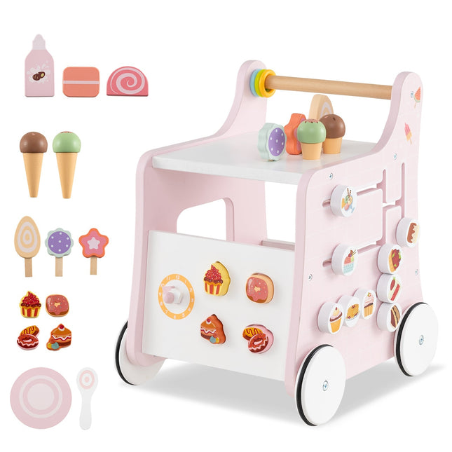 Hölzerner Lauflernwagen mit Stauraum – Rosa, Montessori-Spielzeug