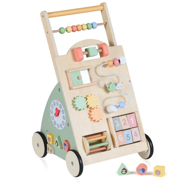 Hölzerner Babywalker mit Rädern und Aufbewahrungskorb