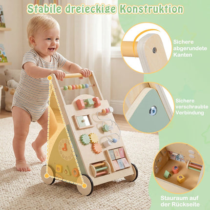 Hölzerner Babywalker mit Rädern und Aufbewahrungskorb