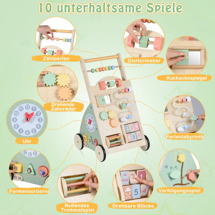 Hölzerner Babywalker mit Rädern und Aufbewahrungskorb