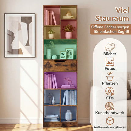 Bücherregal aus Holz mit 10 Fächern und 1 Schublade, 50x24x180 cm