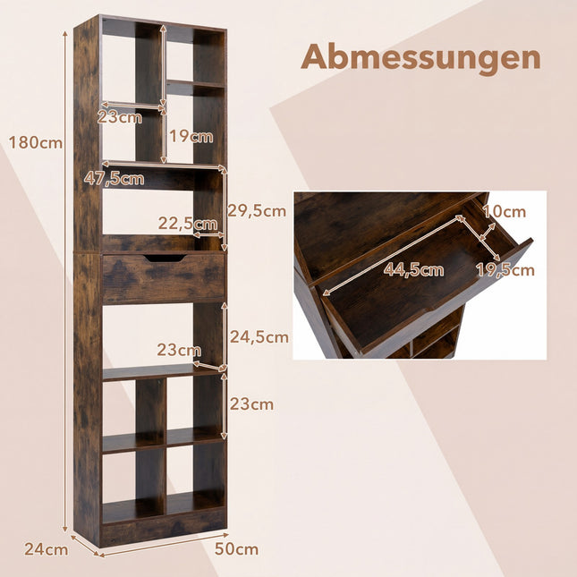 Bücherregal aus Holz mit 10 Fächern und 1 Schublade, 50x24x180 cm