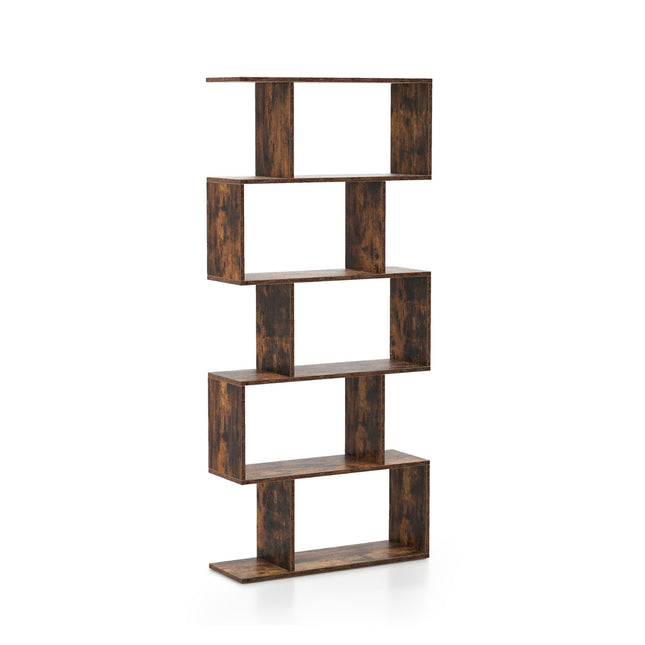 Bücherregal aus Holz mit 5 Ebenen und Kippschutz, S-förmiges Design