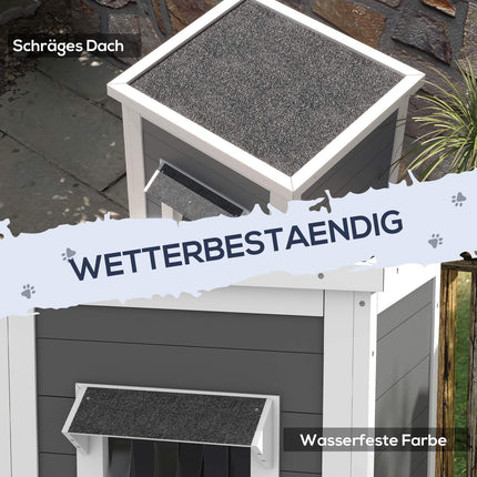 Wetterfeste Katzenhütte aus Holz mit Dach – Grau und Weiß