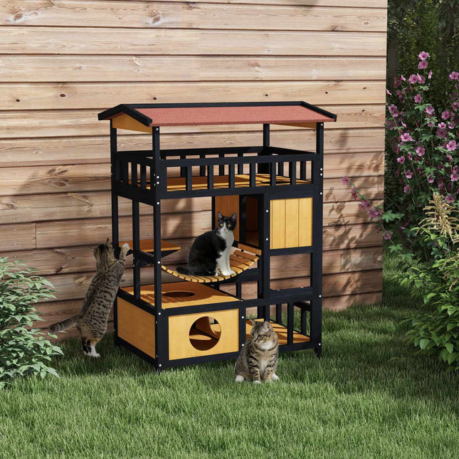 Dřevěný kočičí domek s plošinami a visutým mostem, žlutý