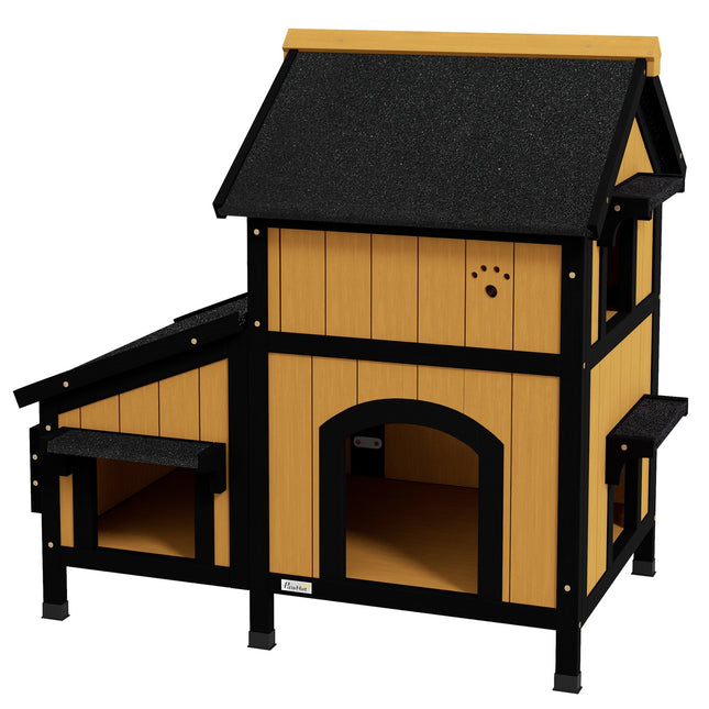Outdoor wooden cat house, 2-story, asphalt roof, yellow