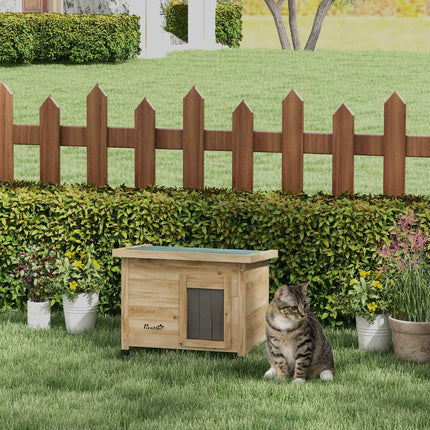 Outdoor Cat house in wood with Door curtain, 57x45x43 cm