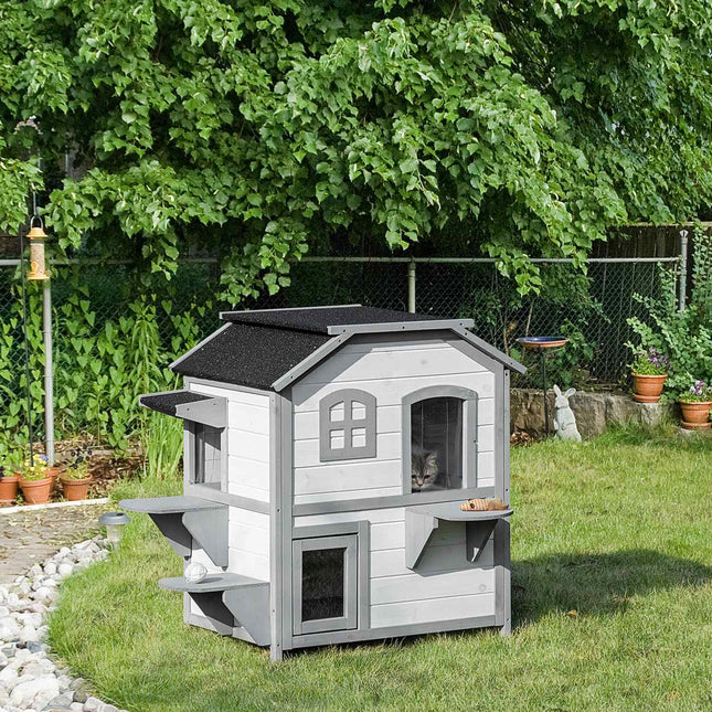 Katzenhaus aus Holz für draußen mit Treppe für kleine Katzen