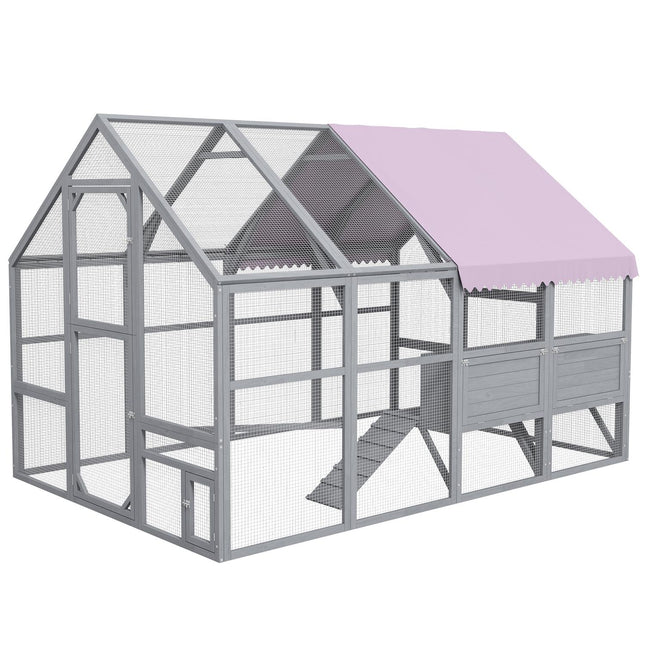 Poulailler en bois pour l'extérieur, 280 x 185,5 x 188 cm, cage à poules avec porte, nichoir, toit, rampe, enclos extérieur pour 8 à 12 poules, gris