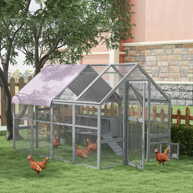 Poulailler en bois pour l'extérieur, 280 x 185,5 x 188 cm, cage à poules avec porte, nichoir, toit, rampe, enclos extérieur pour 8 à 12 poules, gris