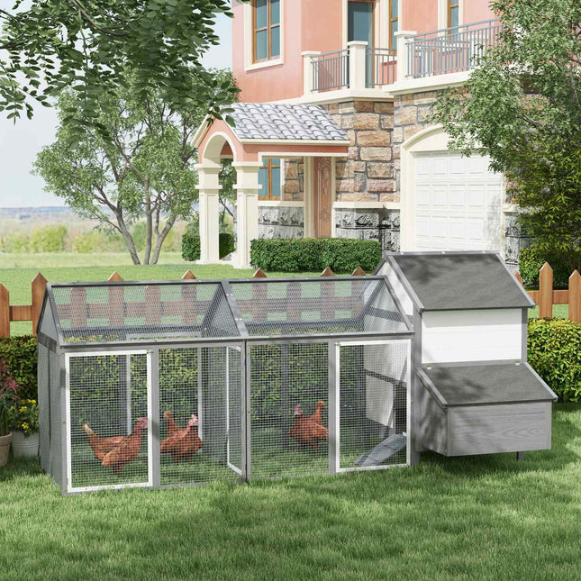 Gray wooden chicken house with nesting box and ramp