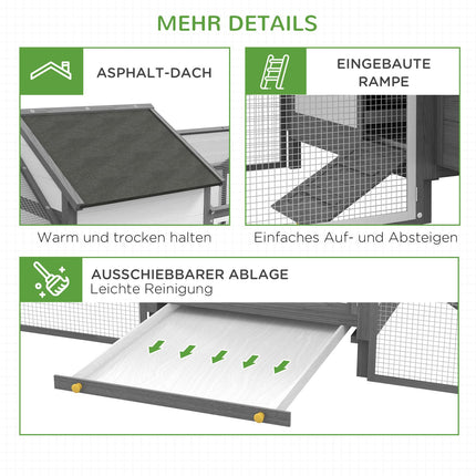 Grauer Hühnerstall aus Holz mit Nistkasten und Rampe