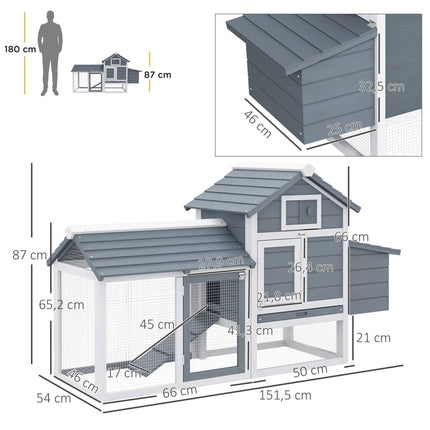 Wooden Chicken Coop for 2-3 Hens with Run and Nesting Box, 151.5 x 54 x 87 cm