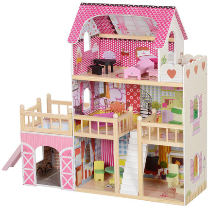 Hölzernes Puppenhaus mit Möbeln, Garage, Rutschen und Balkon