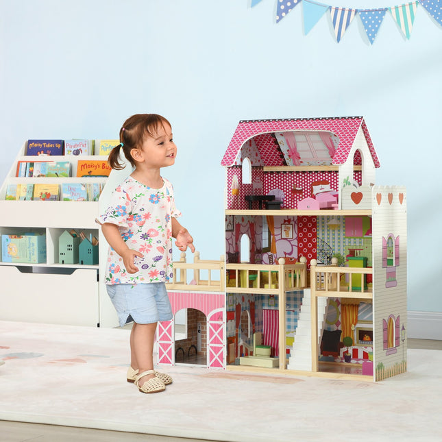 Wooden dollhouse with furniture, garage, slides and balcony
