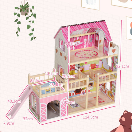 Hölzernes Puppenhaus mit Möbeln, Garage, Rutschen und Balkon