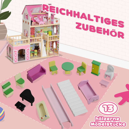 Hölzernes Puppenhaus mit Möbeln, Garage, Rutschen und Balkon