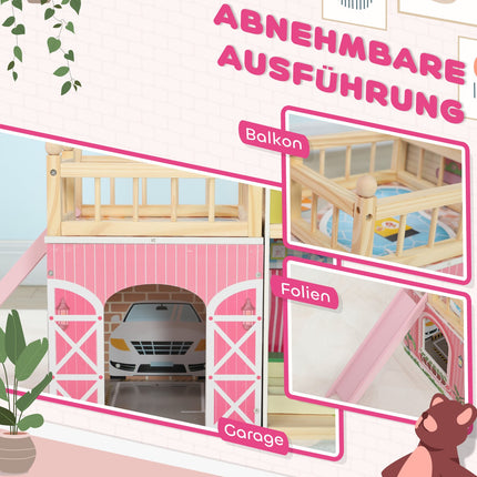 Hölzernes Puppenhaus mit Möbeln, Garage, Rutschen und Balkon