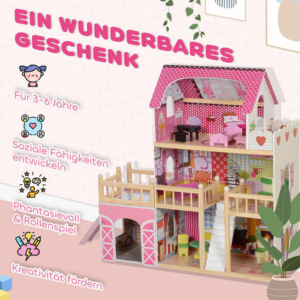 Hölzernes Puppenhaus mit Möbeln, Garage, Rutschen und Balkon