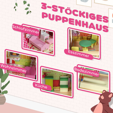 Hölzernes Puppenhaus mit Möbeln, Garage, Rutschen und Balkon