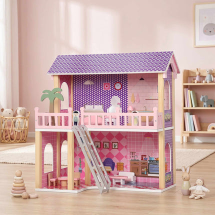 Wooden Dollhouse 69 cm with 2 Dolls, 11 Furniture Pieces, Ladder, Balcony, Pink