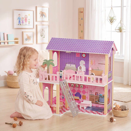 Wooden Dollhouse 69 cm with 2 Dolls, 11 Furniture Pieces, Ladder, Balcony, Pink