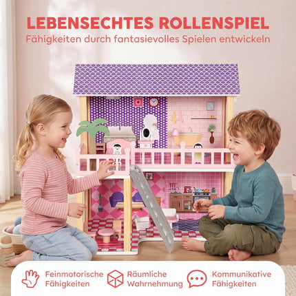 Wooden Dollhouse 69 cm with 2 Dolls, 11 Furniture Pieces, Ladder, Balcony, Pink