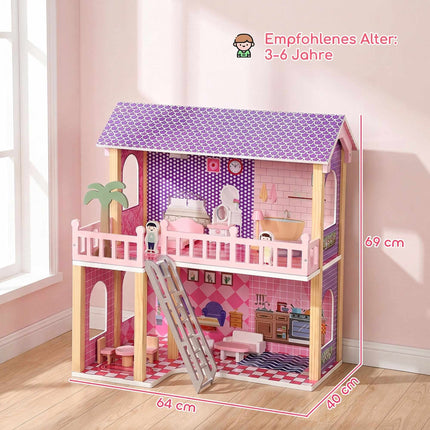 Wooden Dollhouse 69 cm with 2 Dolls, 11 Furniture Pieces, Ladder, Balcony, Pink