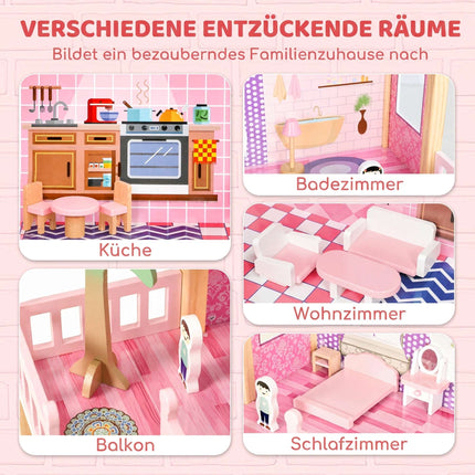 Wooden Dollhouse 69 cm with 2 Dolls, 11 Furniture Pieces, Ladder, Balcony, Pink