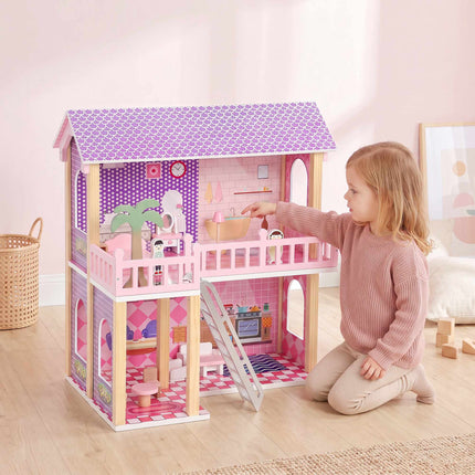 Wooden Dollhouse 69 cm with 2 Dolls, 11 Furniture Pieces, Ladder, Balcony, Pink