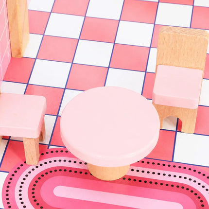 Wooden Dollhouse 69 cm with 2 Dolls, 11 Furniture Pieces, Ladder, Balcony, Pink