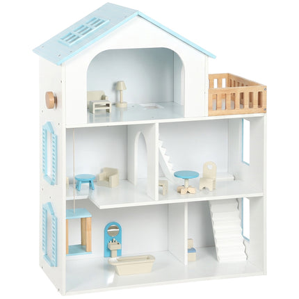 Wooden Dollhouse 79.5 cm with Lift and 13 Furniture Pieces, 3 Storeys, Blue