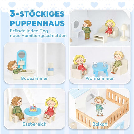 Wooden Dollhouse 79.5 cm with Lift and 13 Furniture Pieces, 3 Storeys, Blue