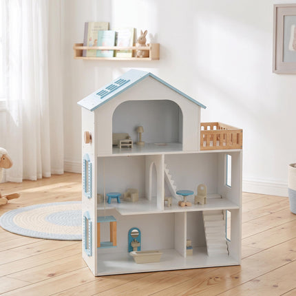 Wooden Dollhouse 79.5 cm with Lift and 13 Furniture Pieces, 3 Storeys, Blue