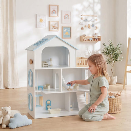 Wooden Dollhouse 79.5 cm with Lift and 13 Furniture Pieces, 3 Storeys, Blue