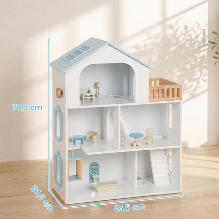 Wooden Dollhouse 79.5 cm with Lift and 13 Furniture Pieces, 3 Storeys, Blue