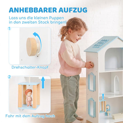 Wooden Dollhouse 79.5 cm with Lift and 13 Furniture Pieces, 3 Storeys, Blue
