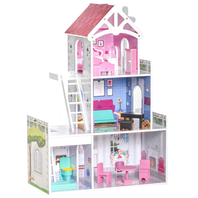 Puppenhaus aus Holz mit Möbeln, 3 Etagen, rosa, 60x29x85cm