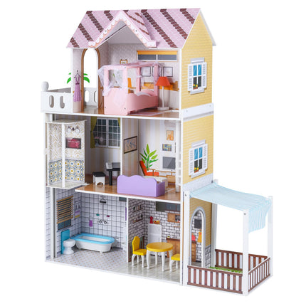 Puppenhaus aus Holz für Kinder, rosa Spielhaus mit 3 Etagen