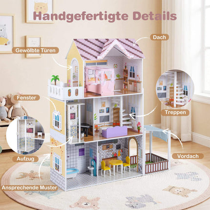 Puppenhaus aus Holz für Kinder, rosa Spielhaus mit 3 Etagen