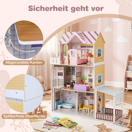 Puppenhaus aus Holz für Kinder, rosa Spielhaus mit 3 Etagen